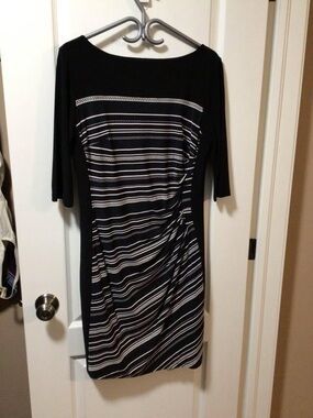 Chaps Black and White Striped Ruched Midi Dress